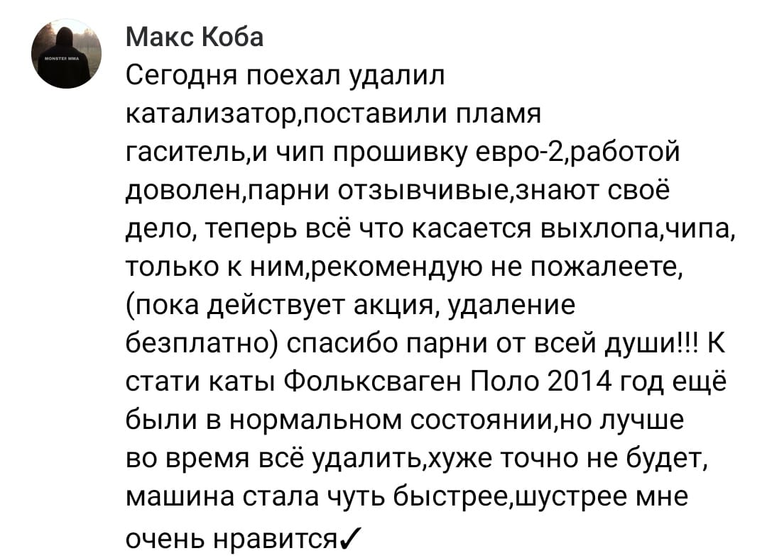 Положительный отзыв на услугу удаление катализатора